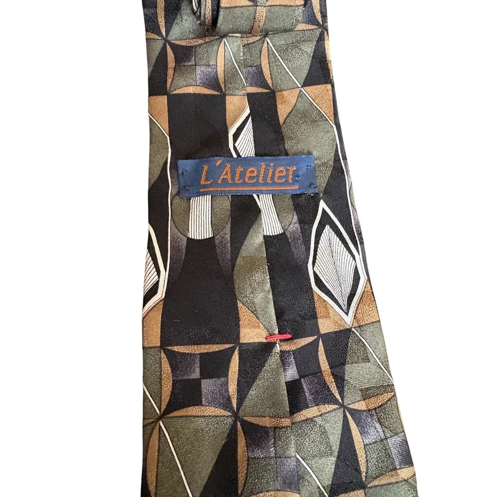 L'Atelier Men's Geometric Neck Tie Green Black Tan Abstract USA Made 58